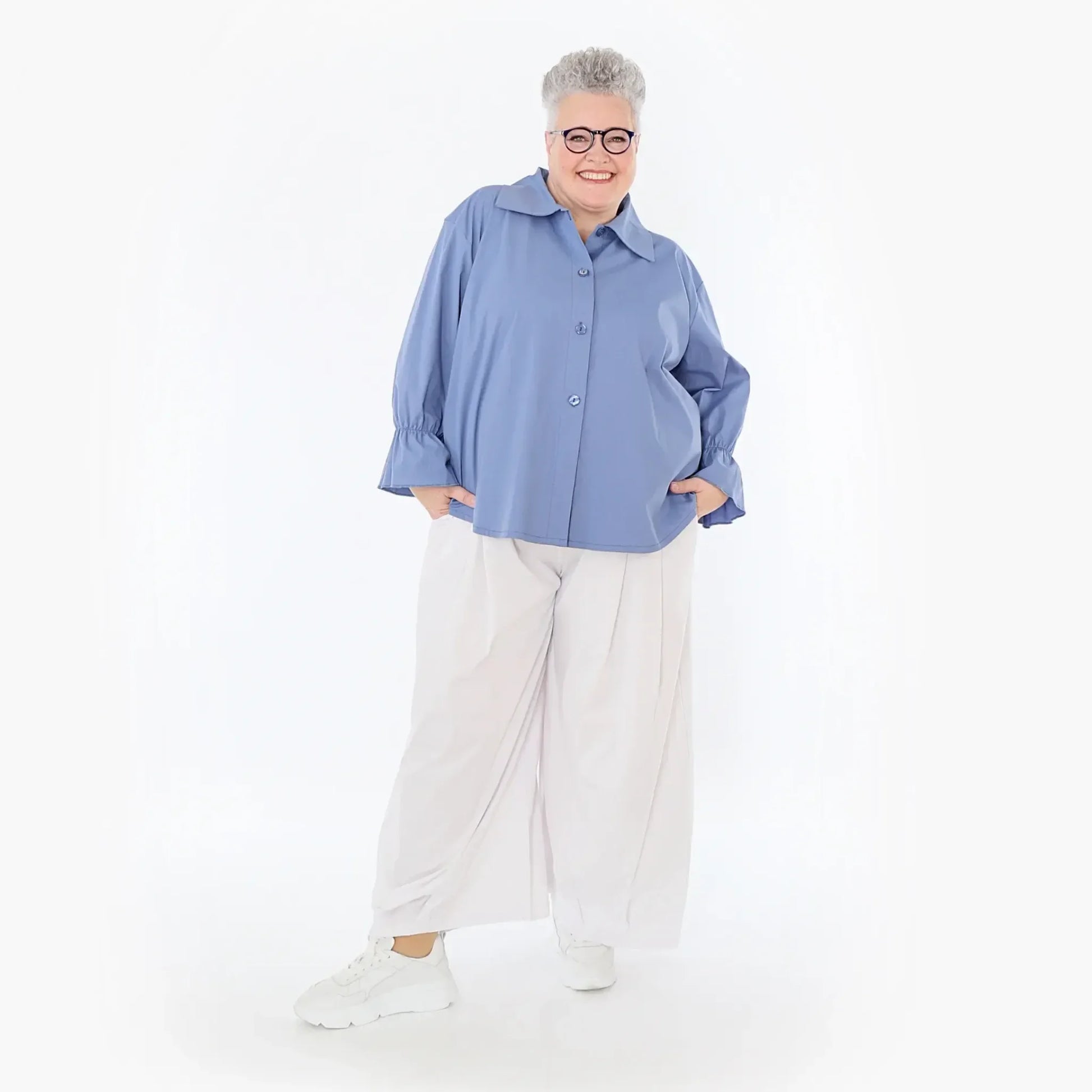  AKH Fashion Bluse in gerundeter Form, aus Baumwolle, 1482.07062, Azurblau, Ausgefallen
