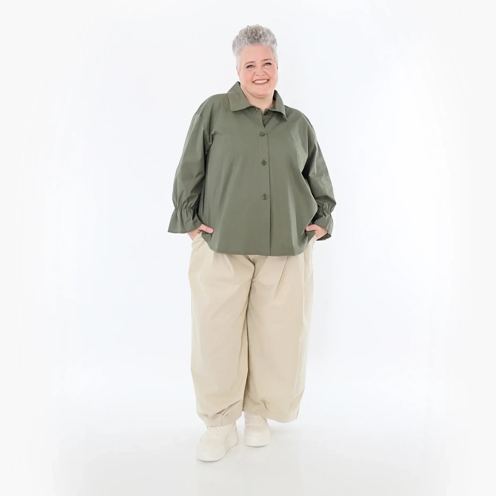  AKH Fashion Bluse in gerundeter Form, aus Baumwolle, 1482.07062, Khaki, Ausgefallen