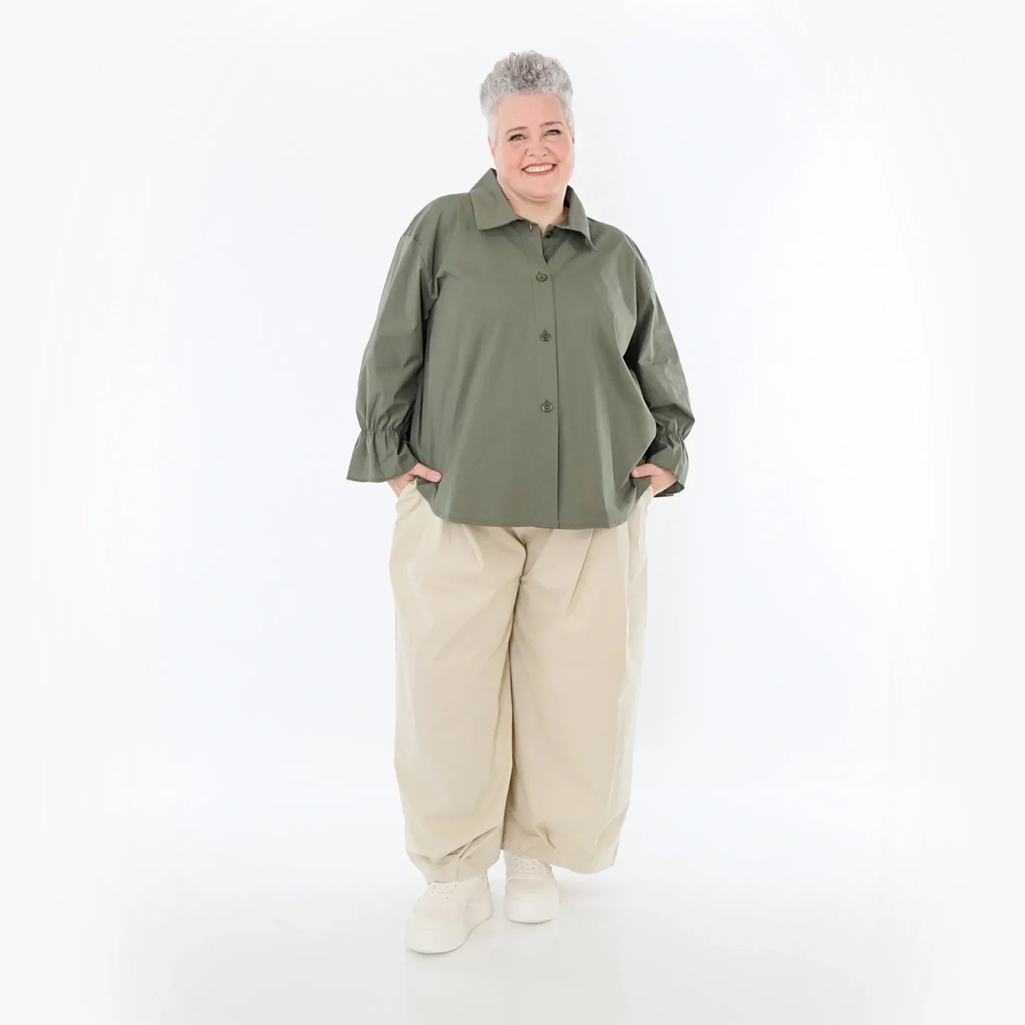 AKH Fashion Bluse in gerundeter Form, aus Baumwolle, 1482.07062, Khaki, Ausgefallen