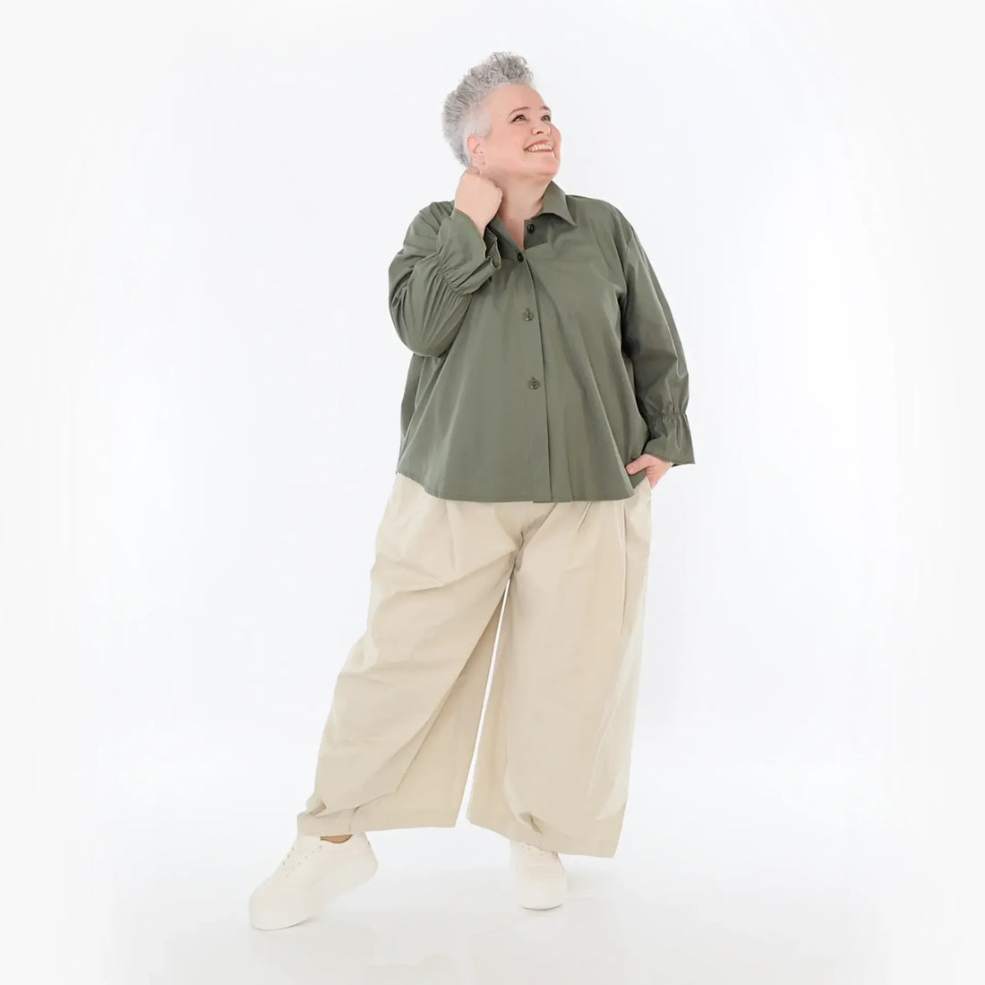  AKH Fashion Bluse in gerundeter Form, aus Baumwolle, 1482.07062, Khaki, Ausgefallen