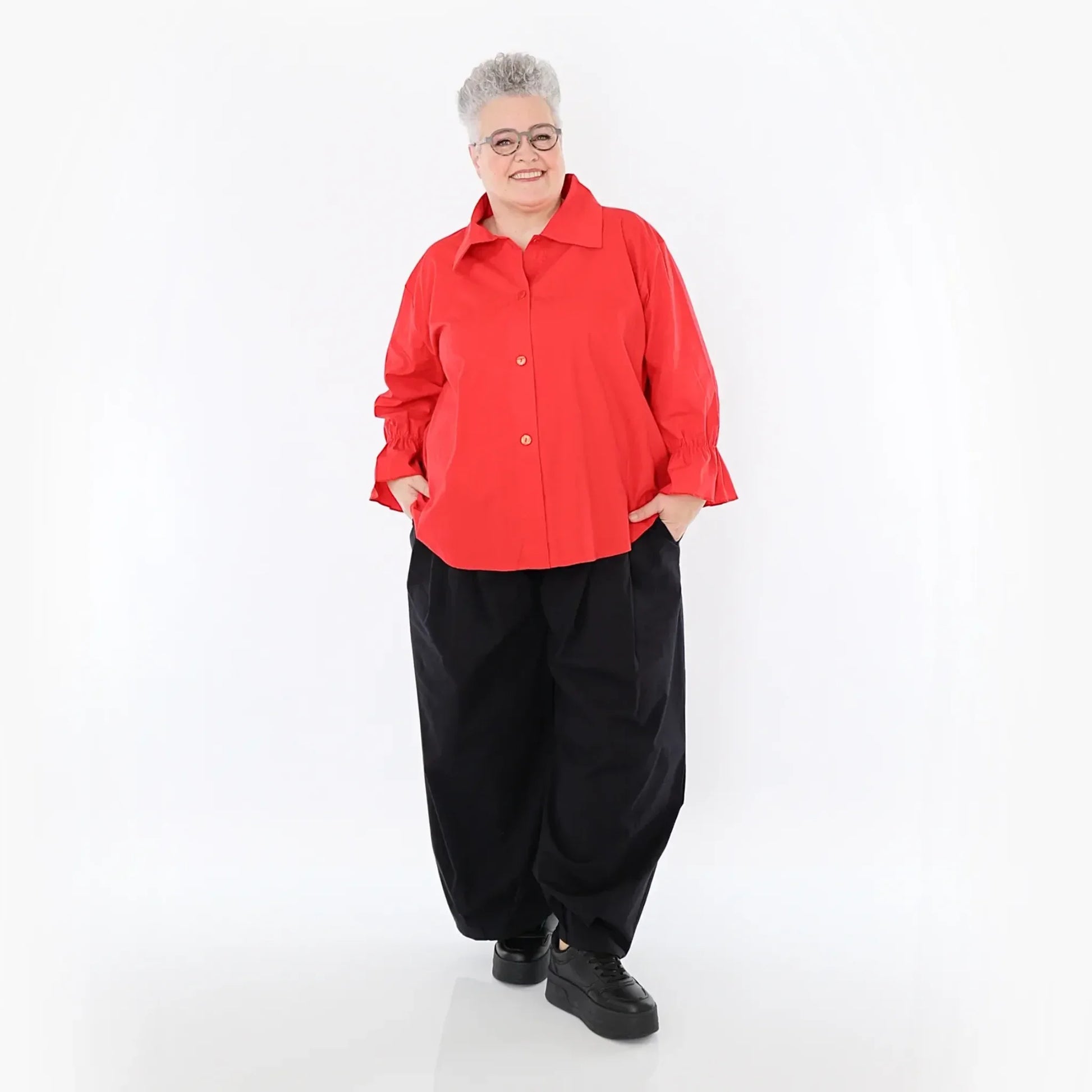  AKH Fashion Bluse in gerundeter Form, aus Baumwolle, 1482.07062, Rot, Ausgefallen, Zeitlos
