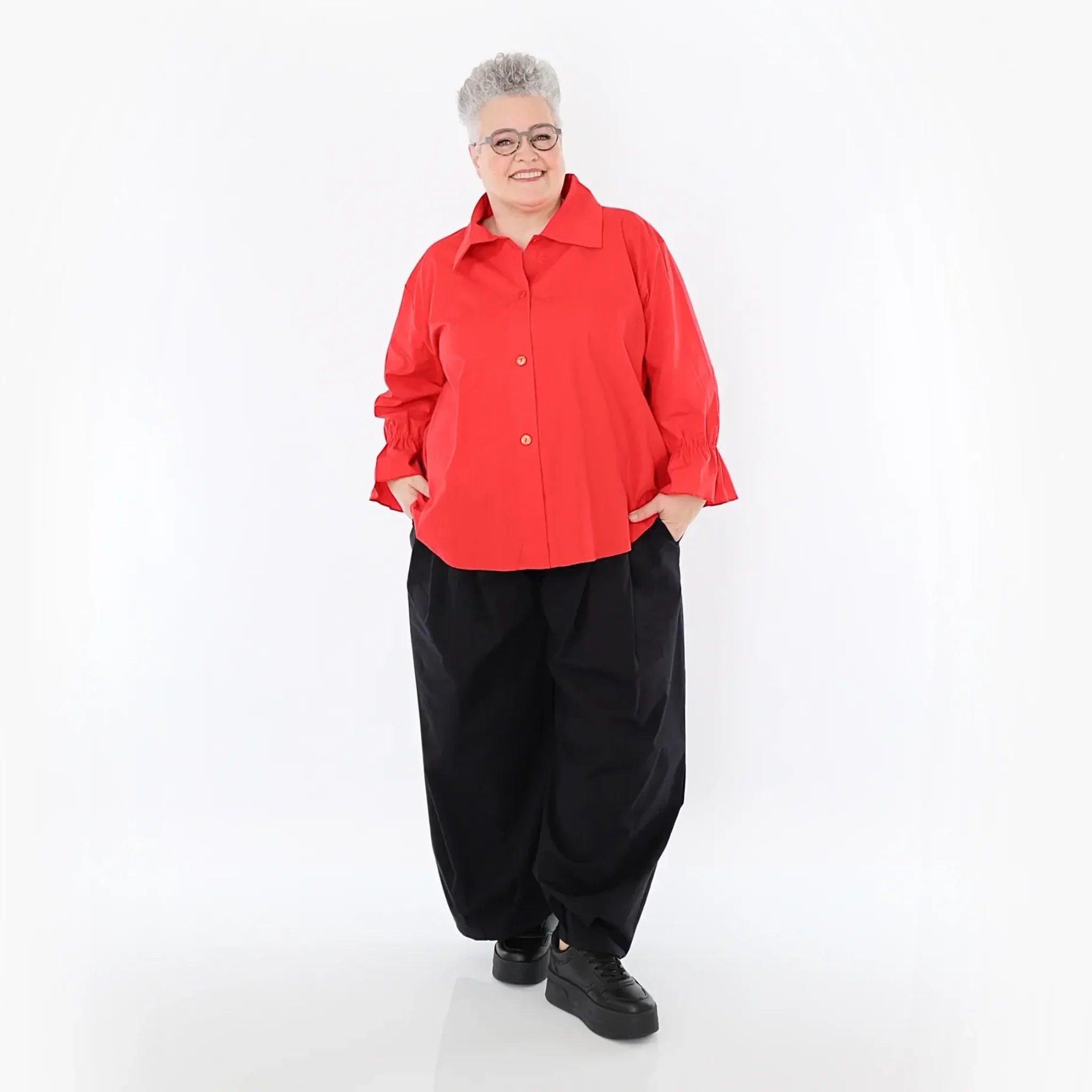  AKH Fashion Bluse in gerundeter Form, aus Baumwolle, 1482.07062, Rot, Ausgefallen, Zeitlos