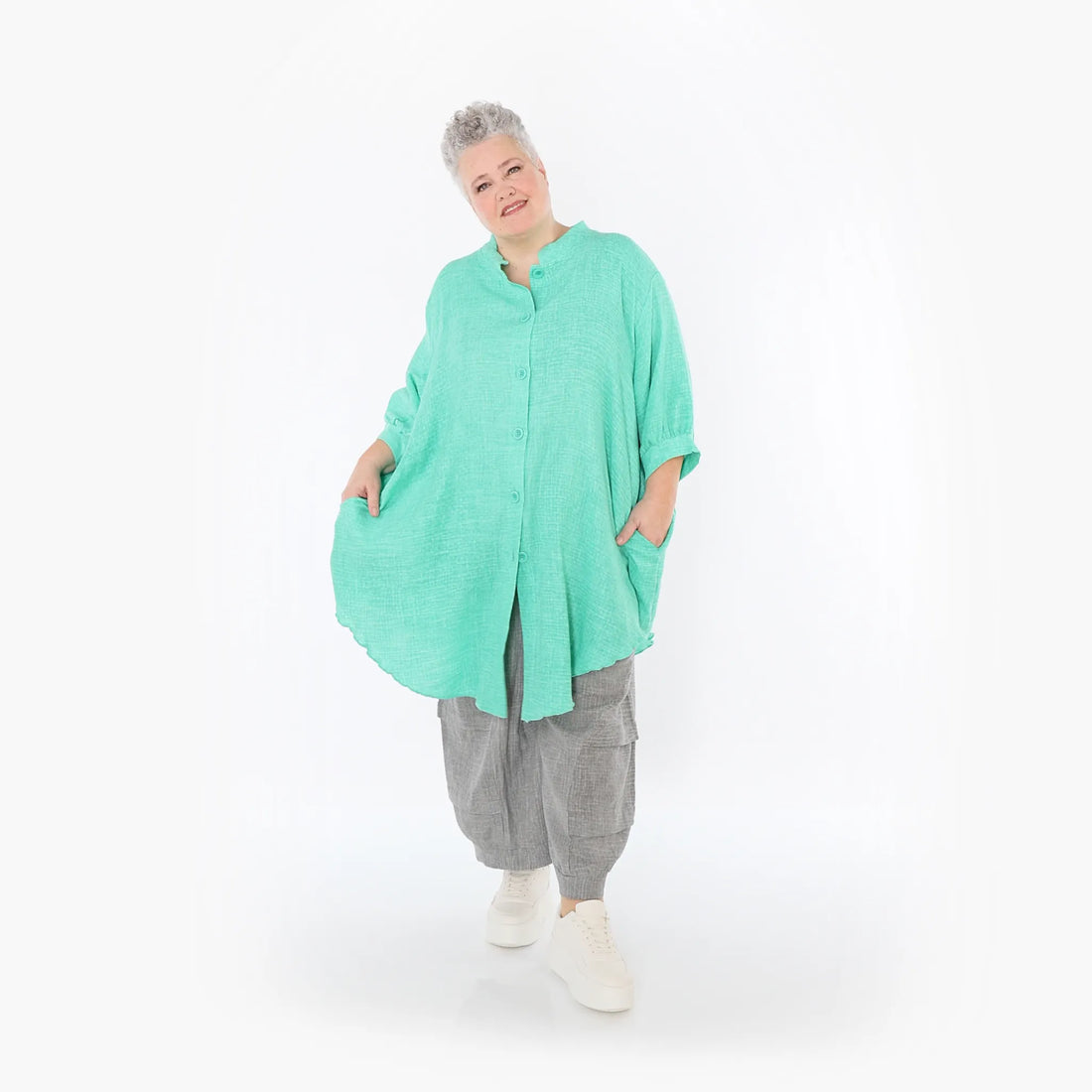  AKH Fashion Bluse in gerundeter Form, aus Baumwolle, 1501.07106, Grün, Ausgefallen, Schick