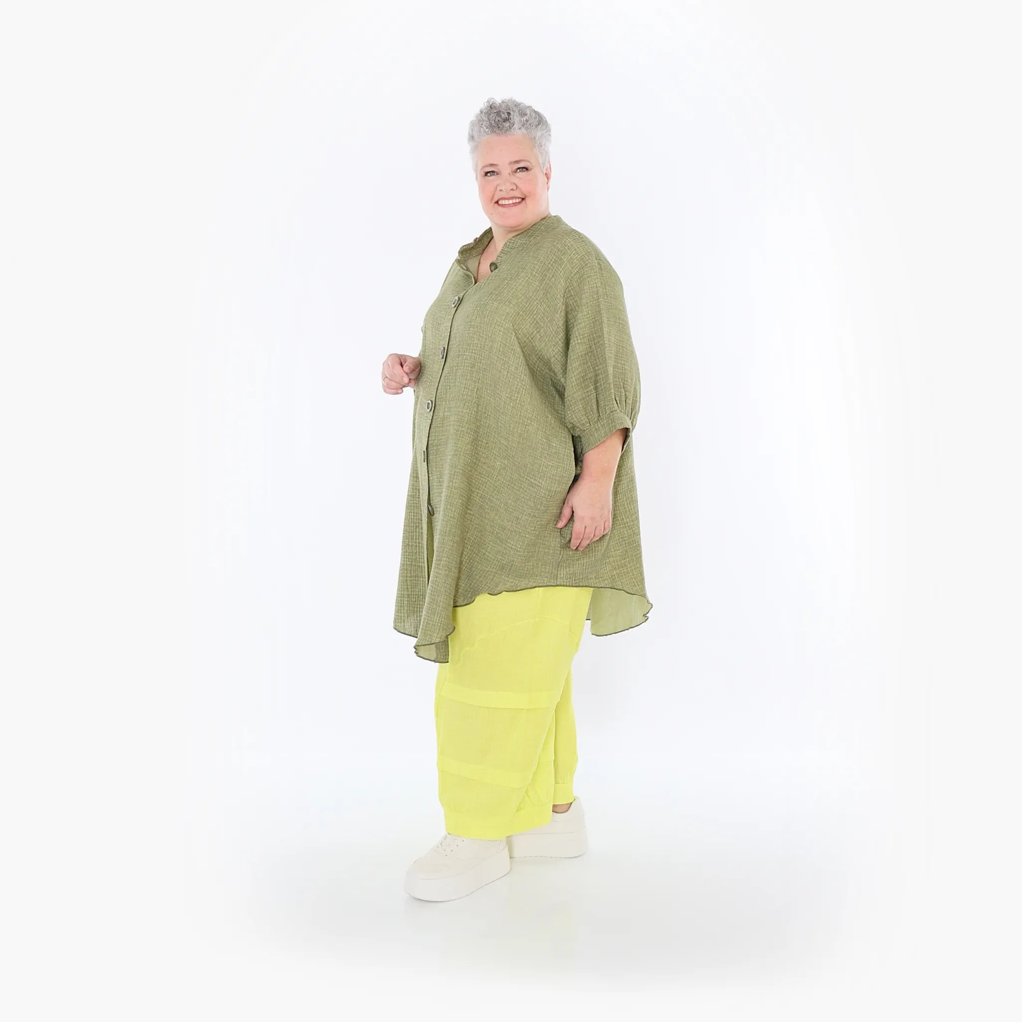  AKH Fashion Bluse in gerundeter Form, aus Baumwolle, 1501.07106, Khaki, Ausgefallen