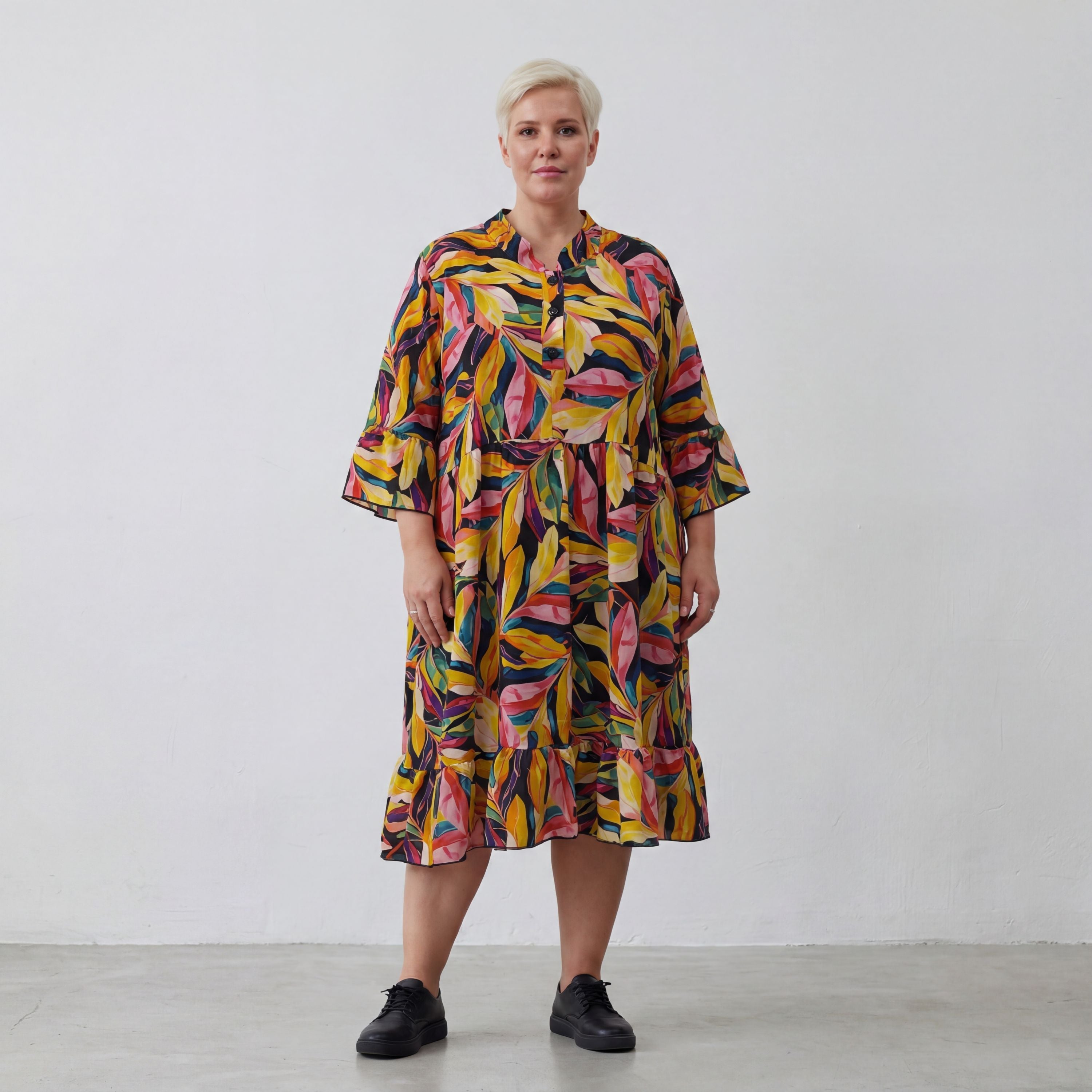 Mehrfarbiges Ballonkleid mit floralem Print V-Ausschnitt und lockerem weitem Stufenschnitt