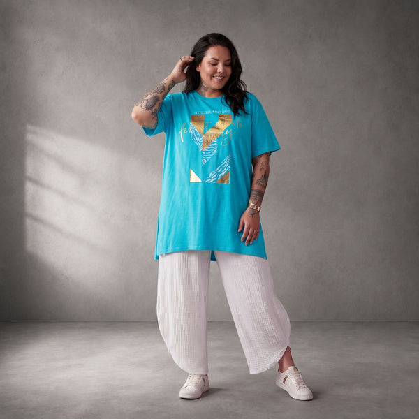 Damen Shirt Lagenlook Baumwolle Türkis, A-Linie, Oversize große Größen – Funky Diva