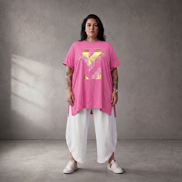 Damen Shirt Lagenlook Baumwolle Fuchsia, A-Linie, Kurzarm, Oversize große Größen – Funky Diva