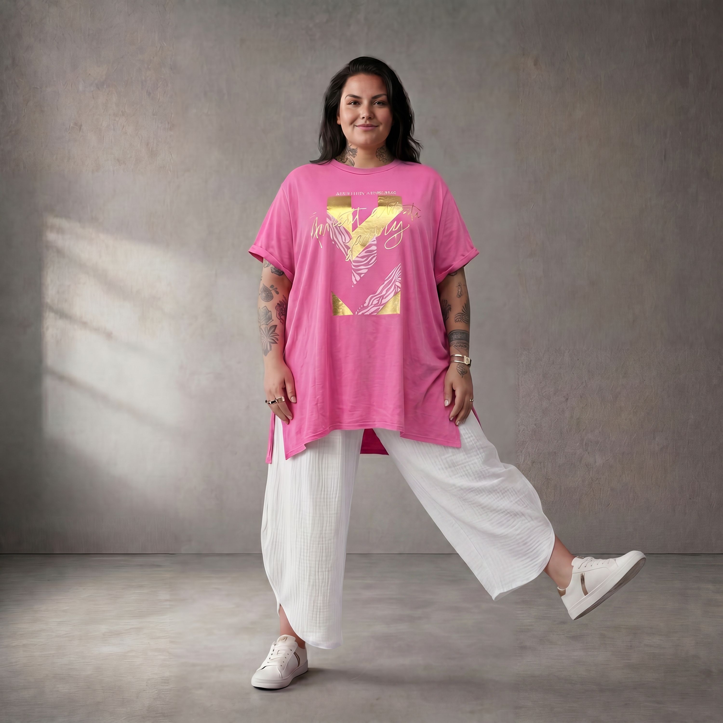 Damen Shirt Lagenlook Baumwolle Fuchsia, A-Linie, Kurzarm, Oversize große Größen – Funky Diva