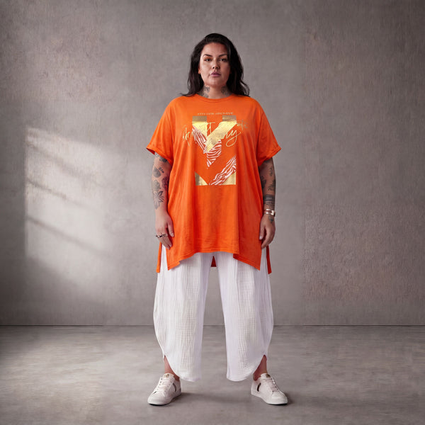 Damen Shirt Lagenlook Baumwolle Orange, A-Linie, Kurzarm, Oversize große Größen – Funky Diva