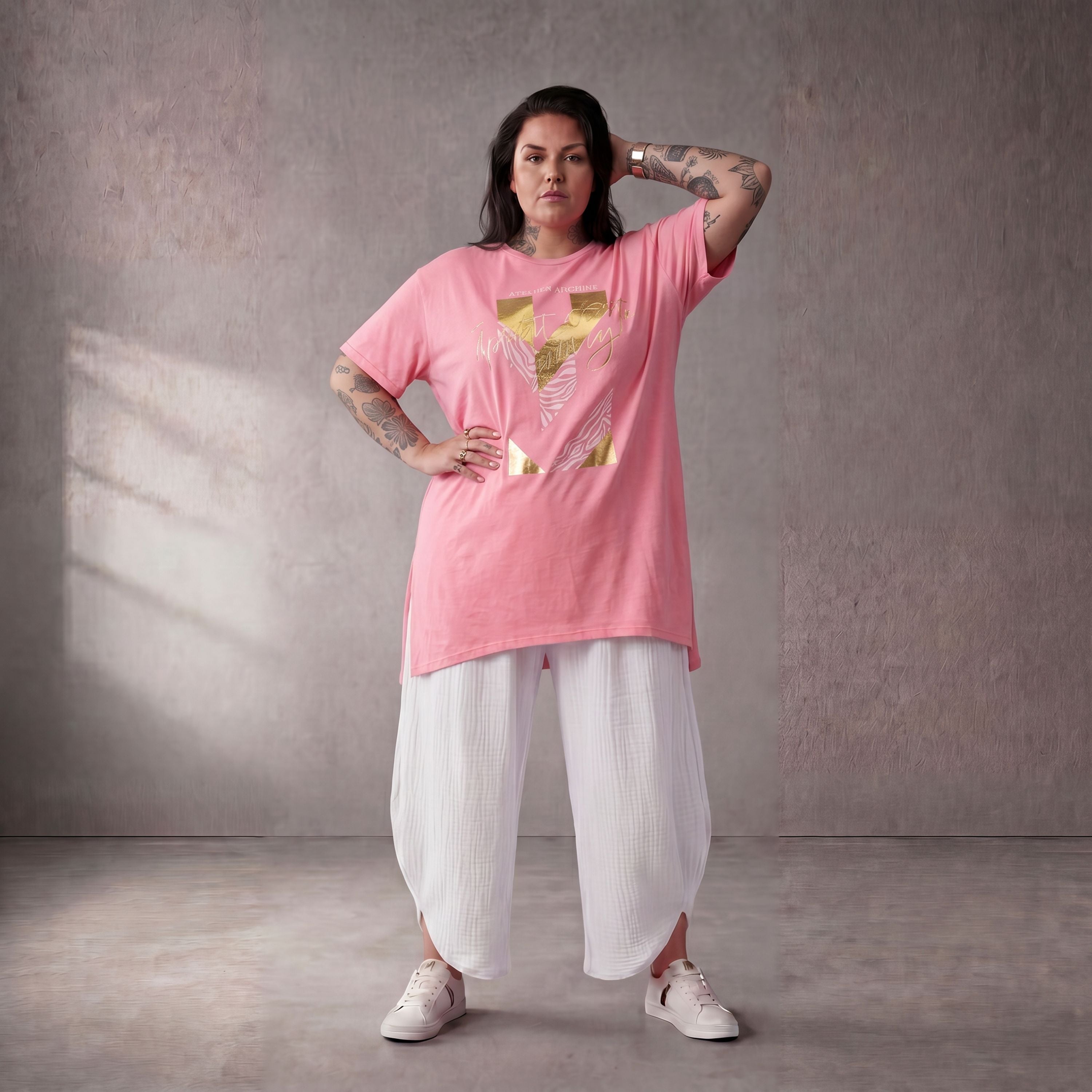 Damen Shirt Lagenlook Baumwolle Rosa, A-Linie, Kurzarm, Oversize große Größen – Funky Diva