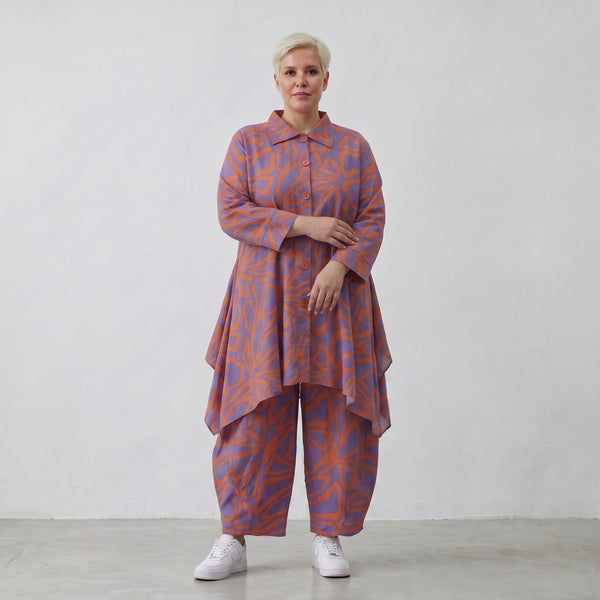 Lilaorange Blumenmuster A-Form Jacke in Leinenoptik mit Kragen Nahttaschen fein Zipfelsaum