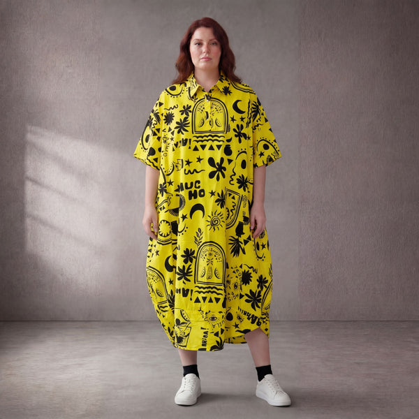 GelbSchwarz Sansibarprint Ballonkleid Baumwolle Oversize Lagenlook leger ausgefallen neu