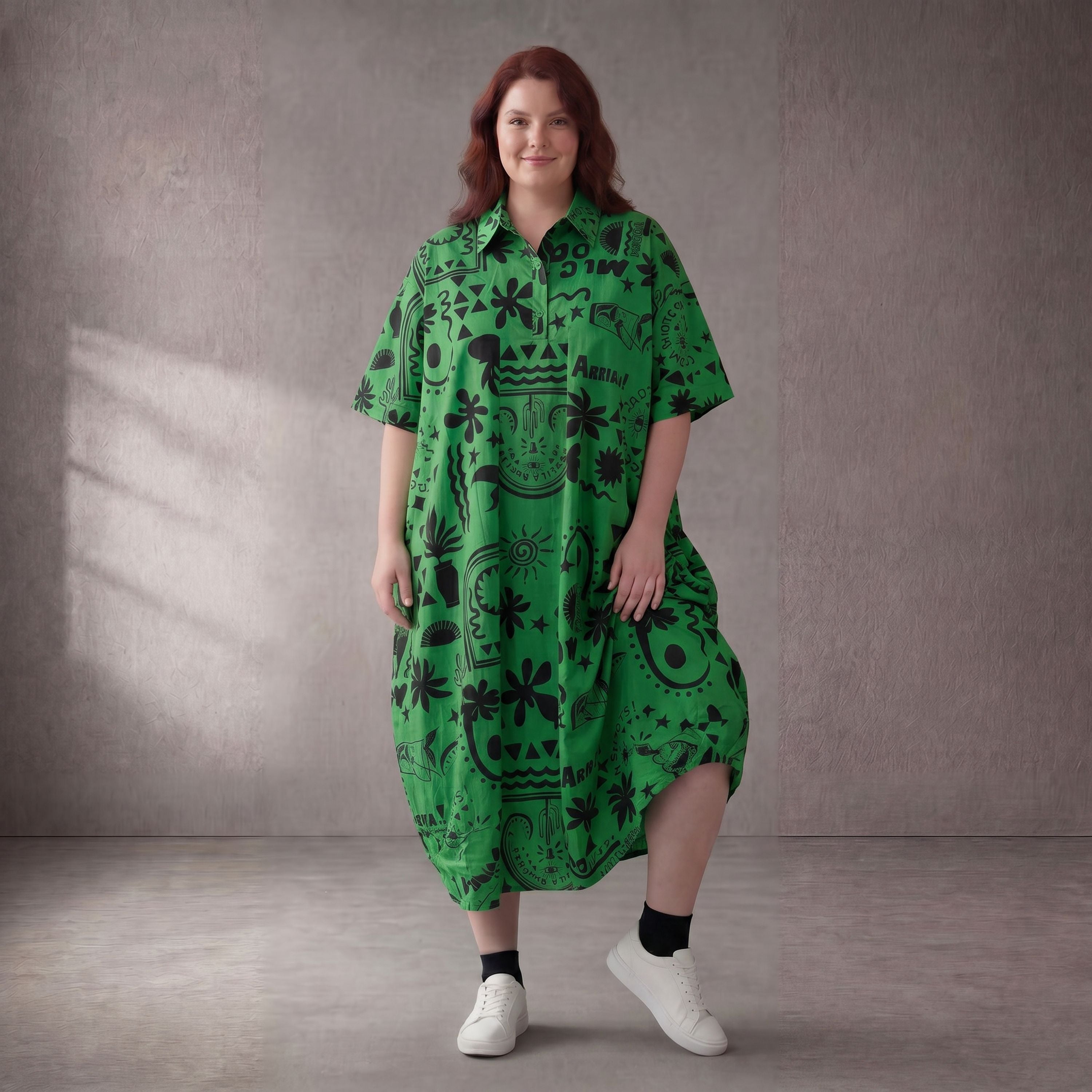 Ausgefallenes Oversize Ballonkleid in GrünSchwarz mit Print leger zeitlos luftig Baumwolle
