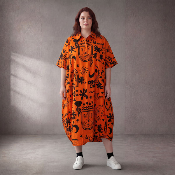 Ausgefallenes Oversize Lagenlook Ballonkleid Orange Schwarz Baumwolle leger zeitlos edel
