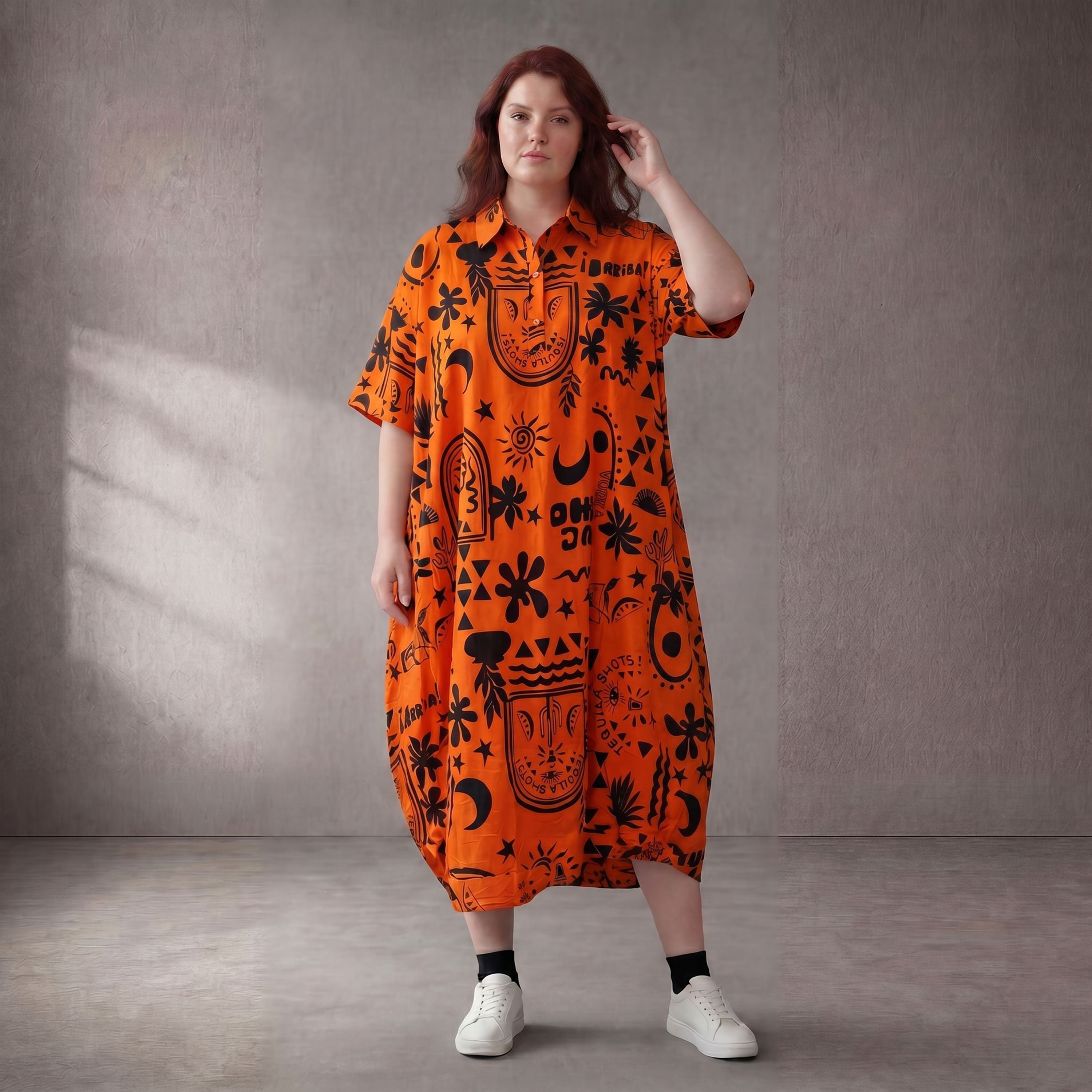 Ausgefallenes Oversize Lagenlook Ballonkleid Orange Schwarz Baumwolle leger zeitlos edel