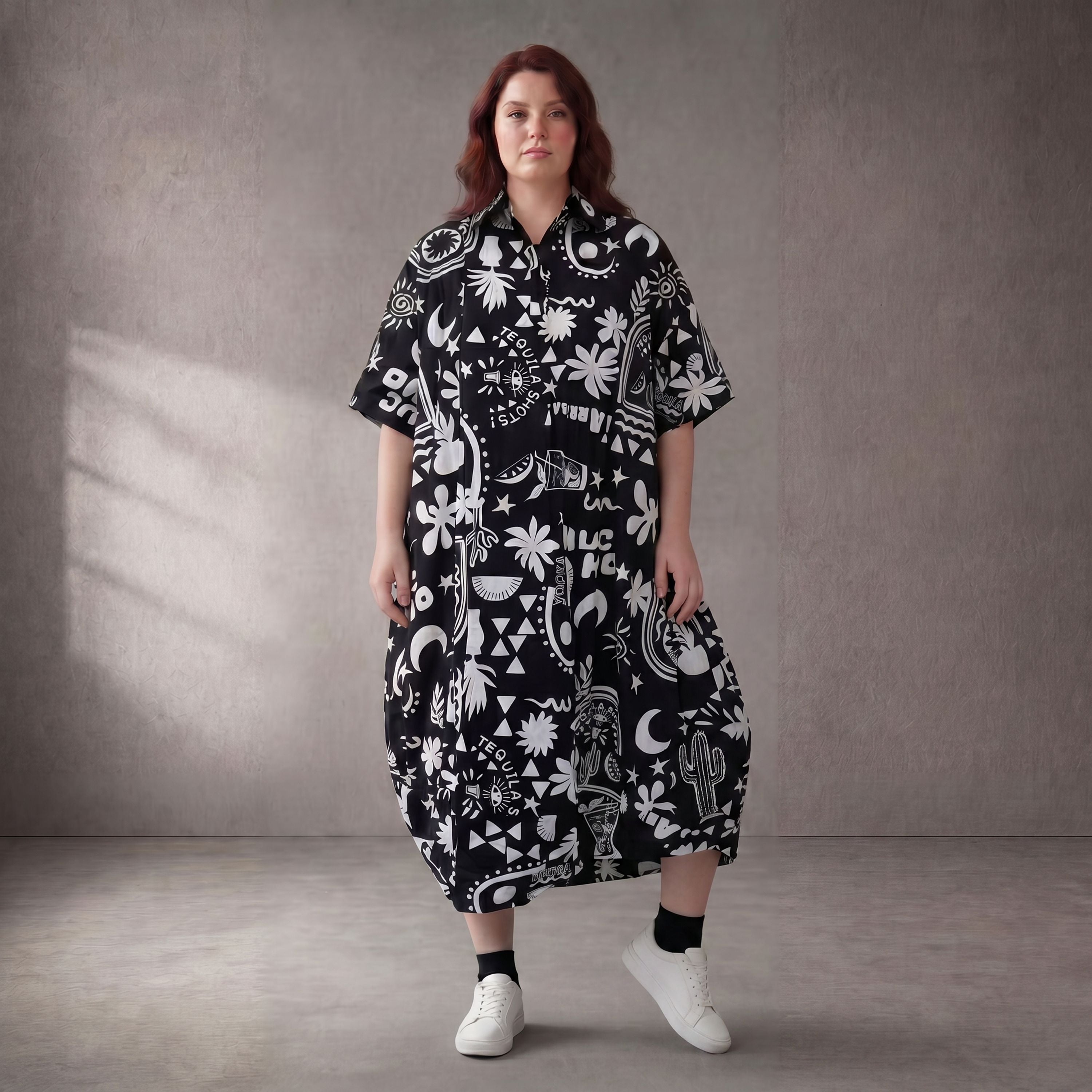 SchwarzWeiß Baumwollkleid Ballonschnitt Oversize leger Lagenlook ausgefallen sehr zeitlos