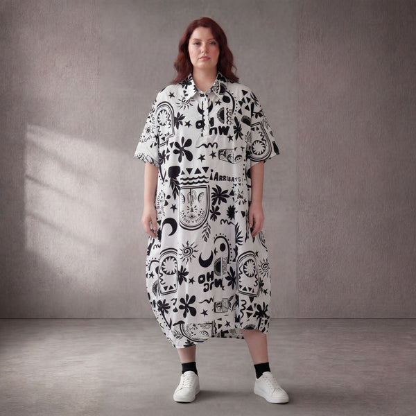 Leichtes Oversize Baumwollkleid Weiß Schwarz im Lagenlook mit Beachprint leger zeitlos