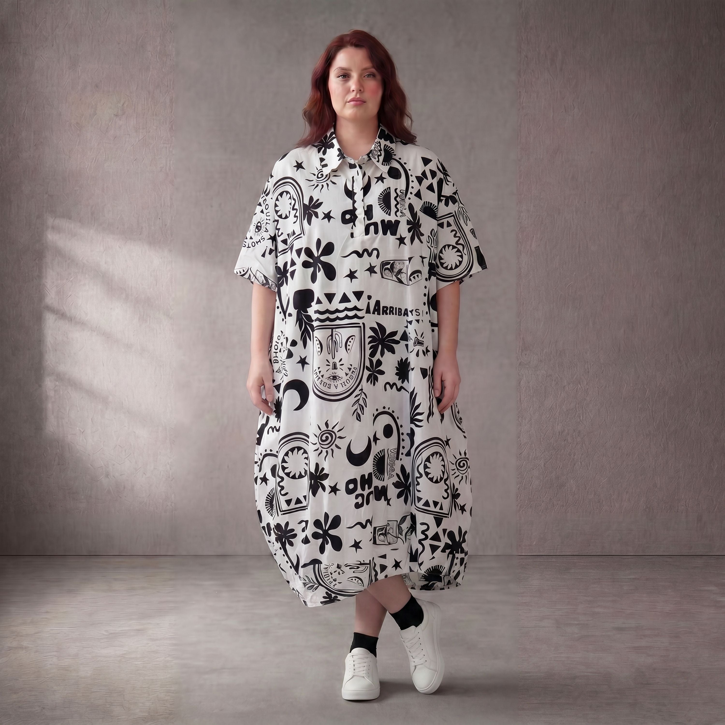 Leichtes Oversize Baumwollkleid Weiß Schwarz im Lagenlook mit Beachprint leger zeitlos