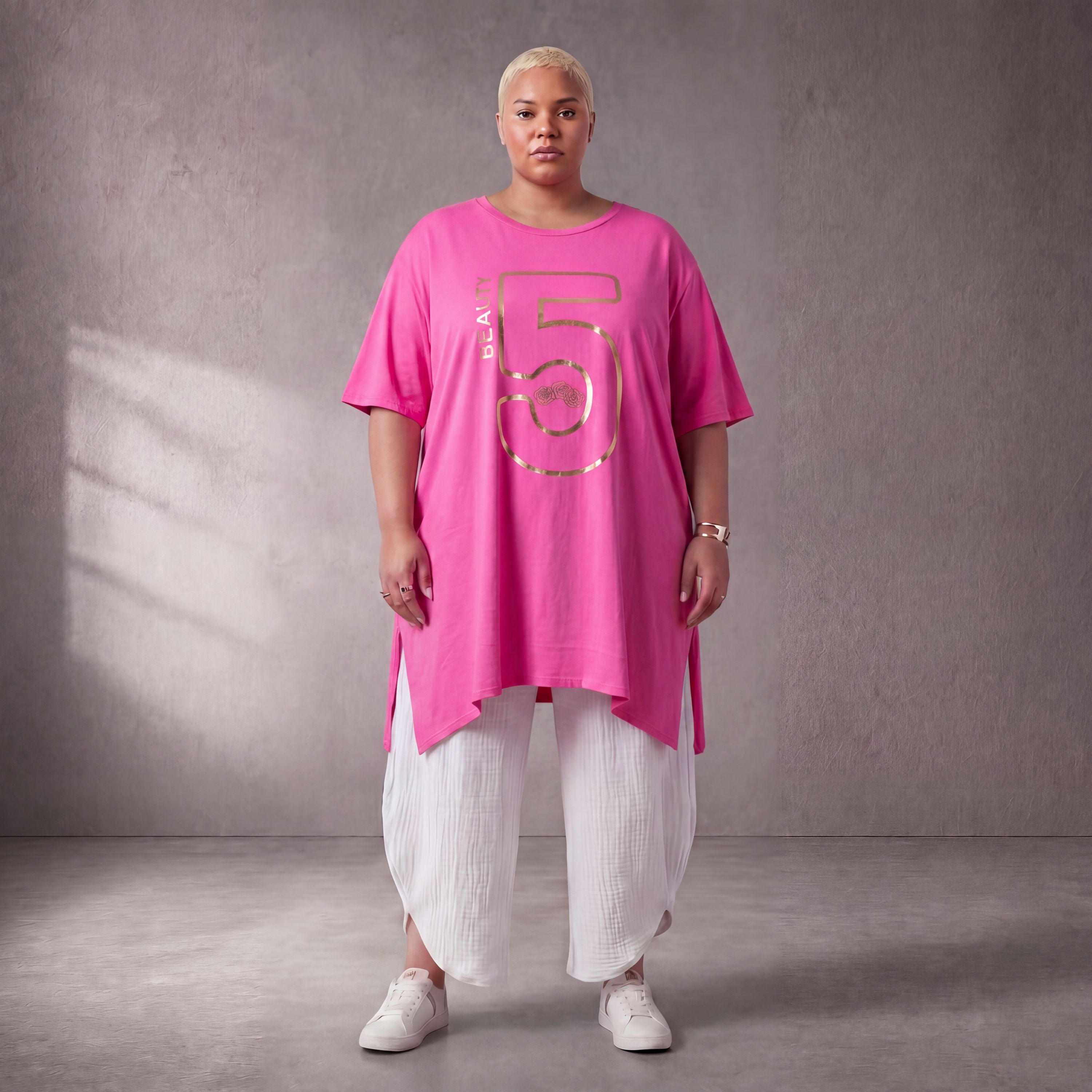 Damen Shirt Lagenlook Baumwolle Pink, A-Form, Kurzarm, Seitenschlitze, Oversize große Größen – Funky Diva