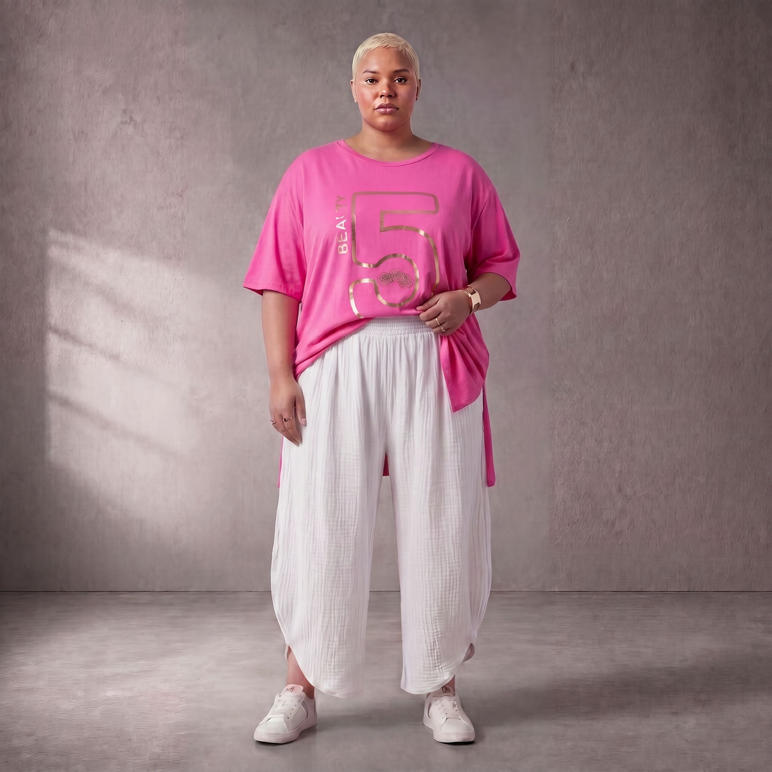 Damen Shirt Lagenlook Baumwolle Pink, A-Form, Kurzarm, Seitenschlitze, Oversize große Größen – Funky Diva