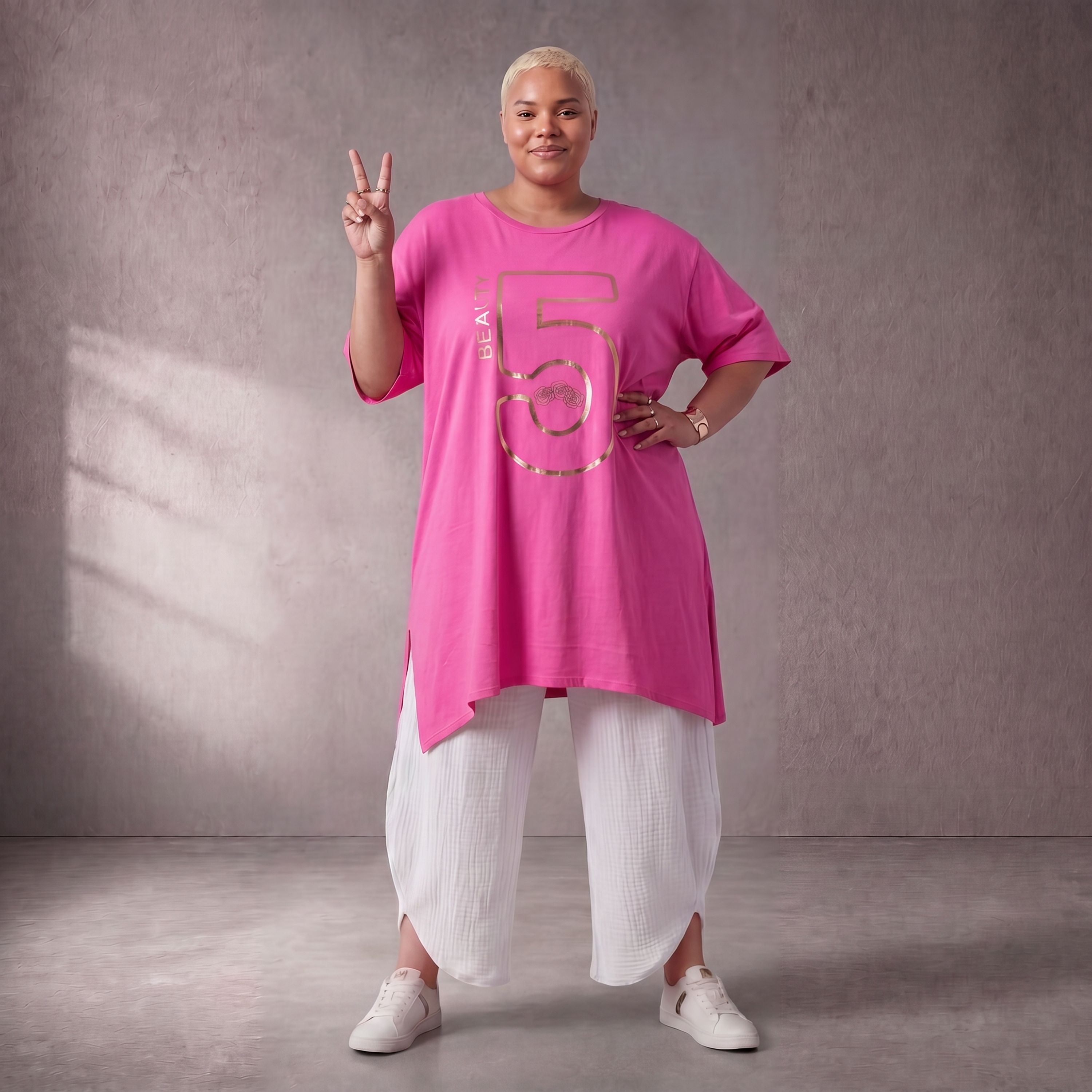Damen Shirt Lagenlook Baumwolle Pink, A-Form, Kurzarm, Seitenschlitze, Oversize große Größen – Funky Diva