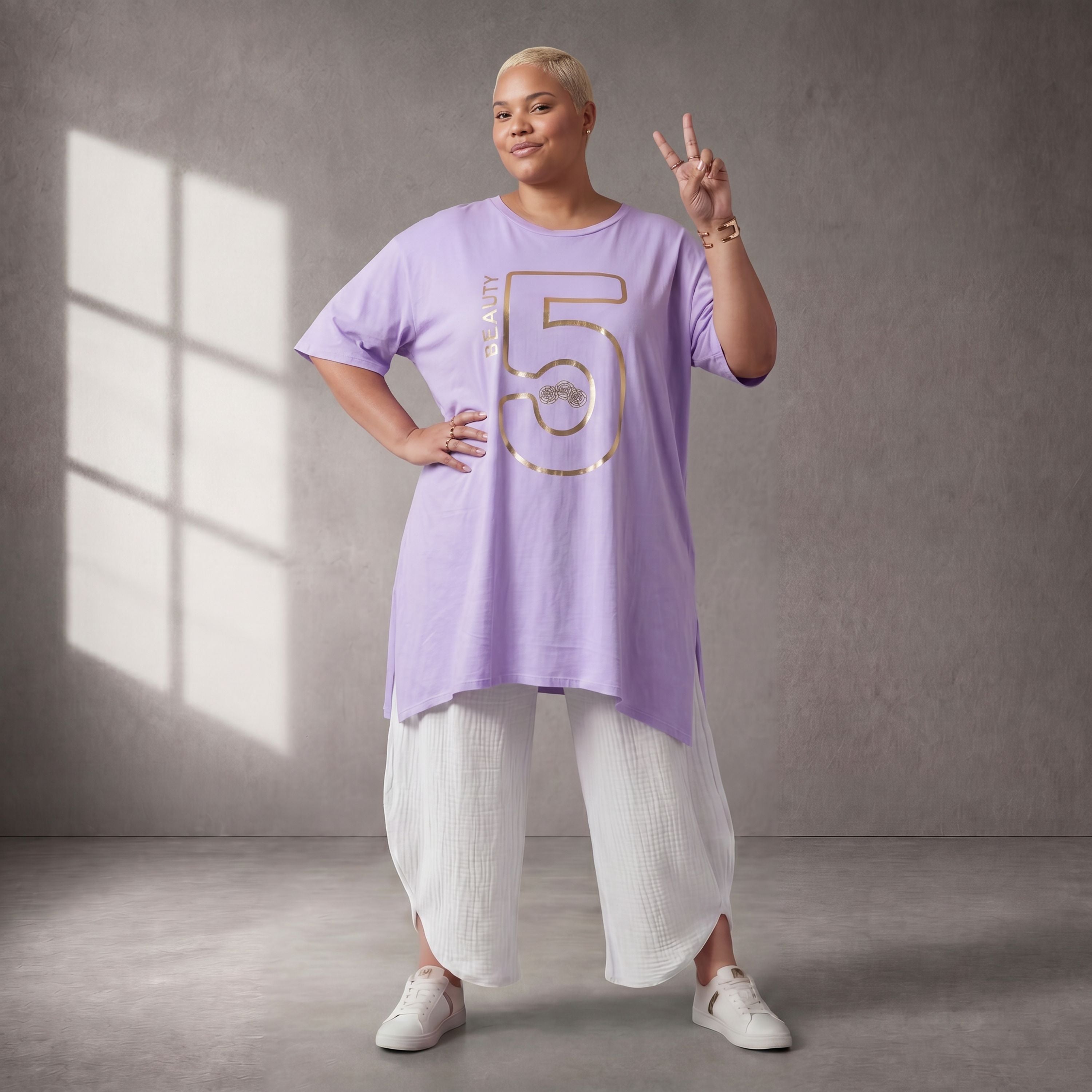 Damen Shirt Lagenlook Baumwolle Lila/Gold, A-Form, Kurzarm, Seitenschlitze, Oversize große Größen – Funky Diva