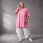 Damen Shirt Lagenlook Baumwolle Rosa/Gold, A-Form, Kurzarm, Seitenschlitze, Oversize große Größen – Funky Diva
