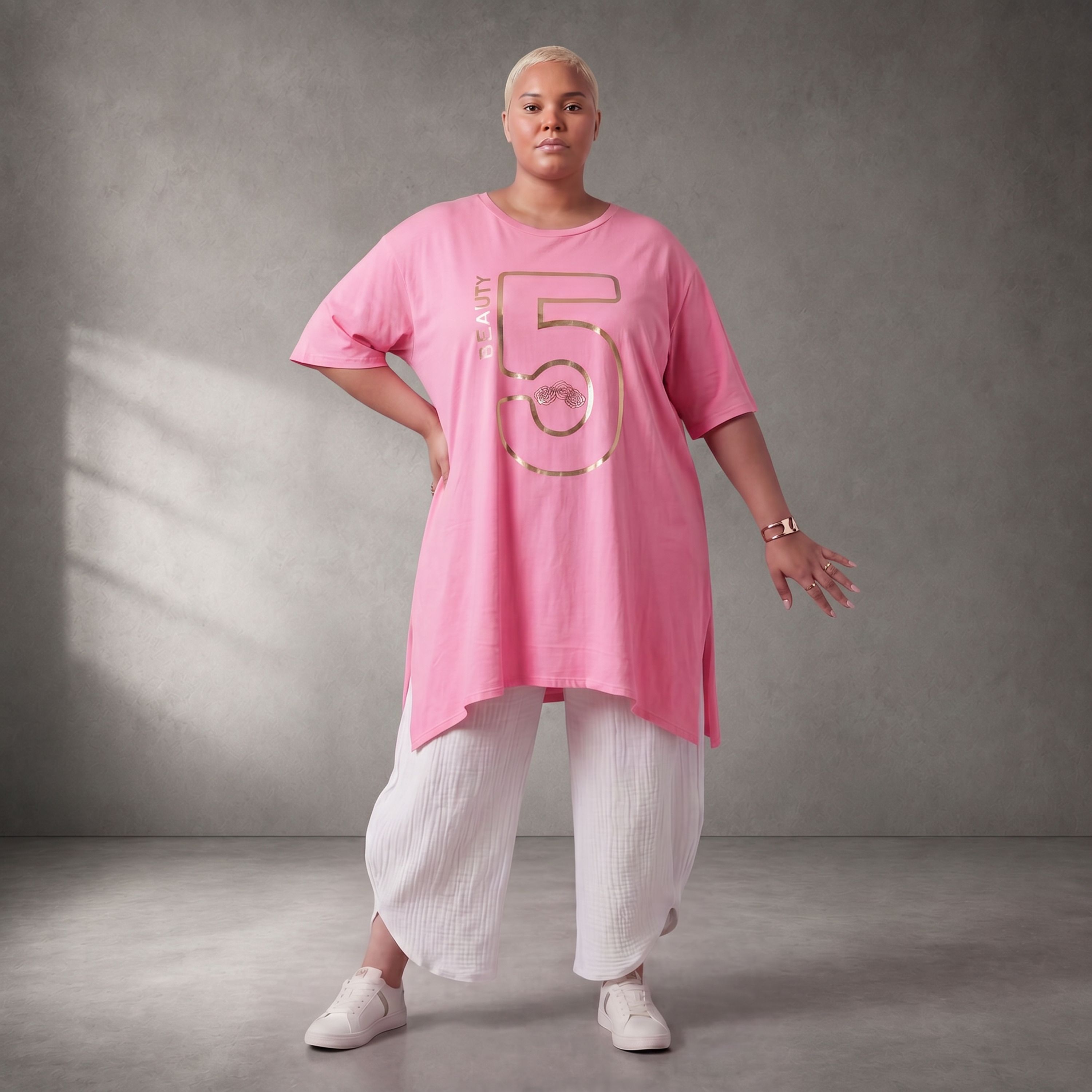 Damen Shirt Lagenlook Baumwolle Rosa/Gold, A-Form, Kurzarm, Seitenschlitze, Oversize große Größen – Funky Diva