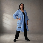 Leichte blaue Baumwollweste mit Kapuze im Lagenlook leger ausgefallen Oversize zeitlos