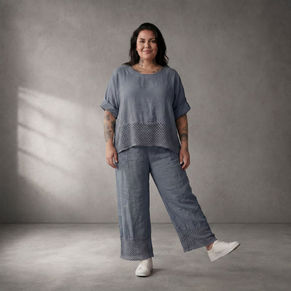 Leichtes Leinen Shirt in Blau fliessend Lagenlook Oversize locker zeitlos mit Taschen