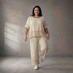 Zeitlose Creme Leinenhose im leger Lagenlook mit Strickdetails und Komfortbund Sommerfit