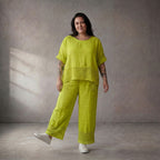 Luftige leichte Leinenhose in Limette im Lagenlook mit Strickdetails leger und zeitlos