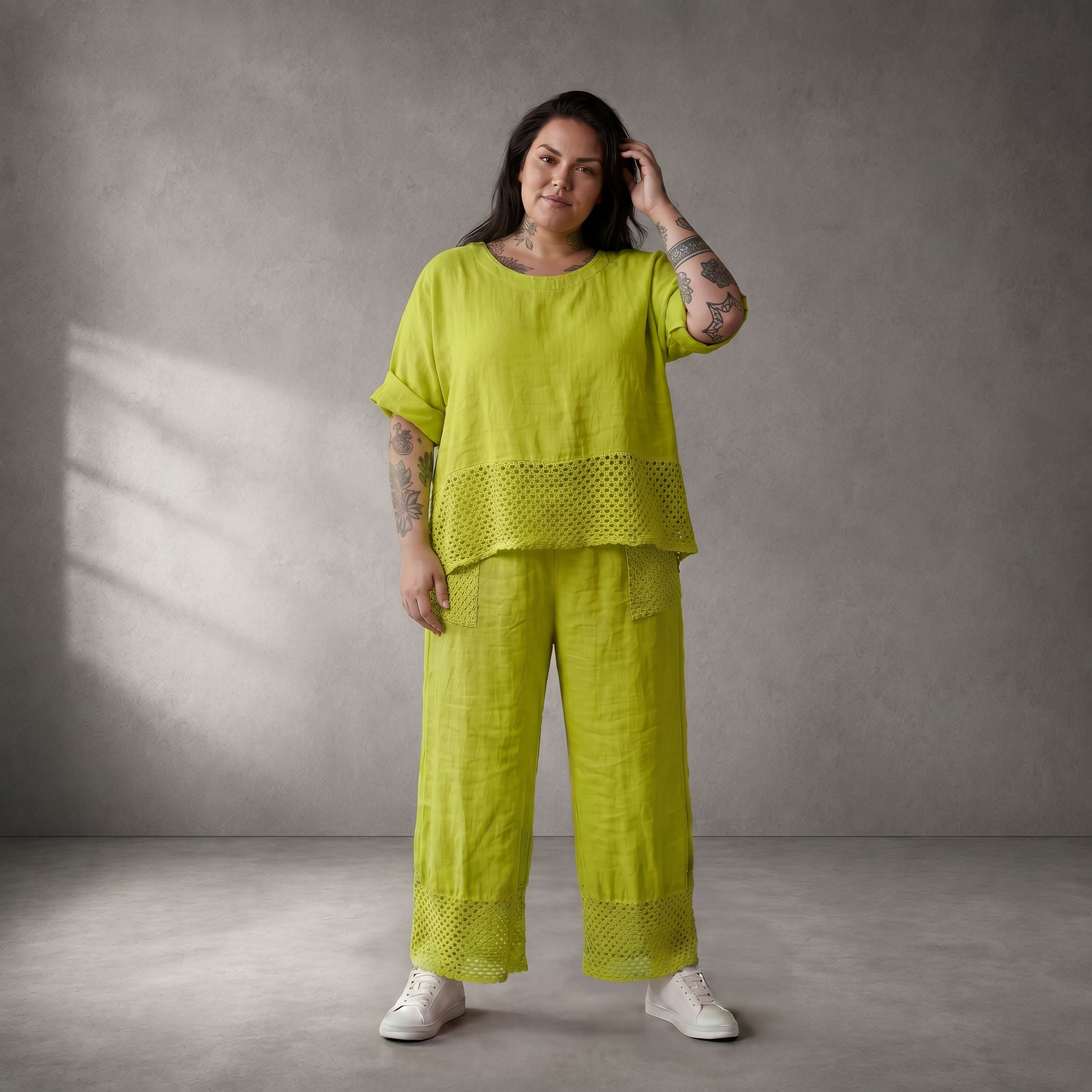 Luftige leichte Leinenhose in Limette im Lagenlook mit Strickdetails leger und zeitlos