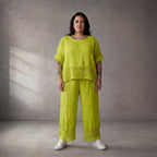 Luftige leichte Leinenhose in Limette im Lagenlook mit Strickdetails leger und zeitlos