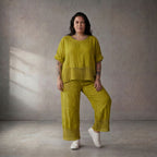 Legere Leinenhose Grün mit Strickdetails zeitloser Lagenlook Oversize Komfort luftig Bund