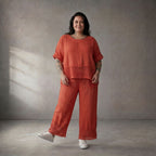 Leinenhose Orange leger Oversize Lagenlook mit Strickdetails zeitlos luftig Sommerstyle