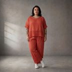 Leinenhose Orange leger Oversize Lagenlook mit Strickdetails zeitlos luftig Sommerstyle