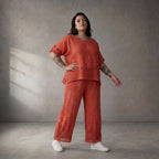 Leinenhose Orange leger Oversize Lagenlook mit Strickdetails zeitlos luftig Sommerstyle