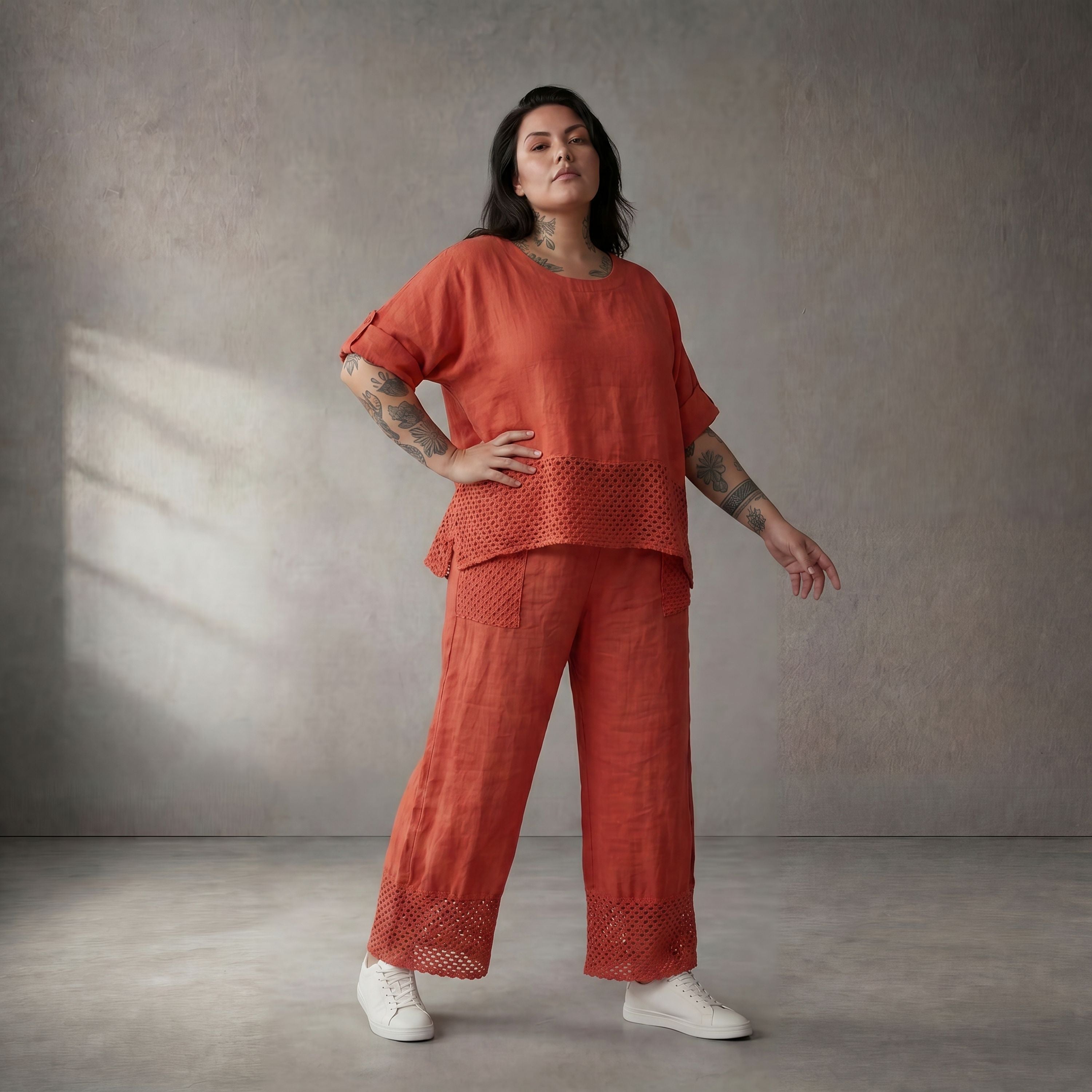 Leinen Oversize Shirt in Orange entspannt zeitlos mit Lagenlook und Taschen modern leicht