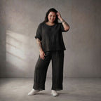 Oversize Leinen Shirt schwarz im Lagenlook mit grossen Taschen leger zeitlos chic luftig