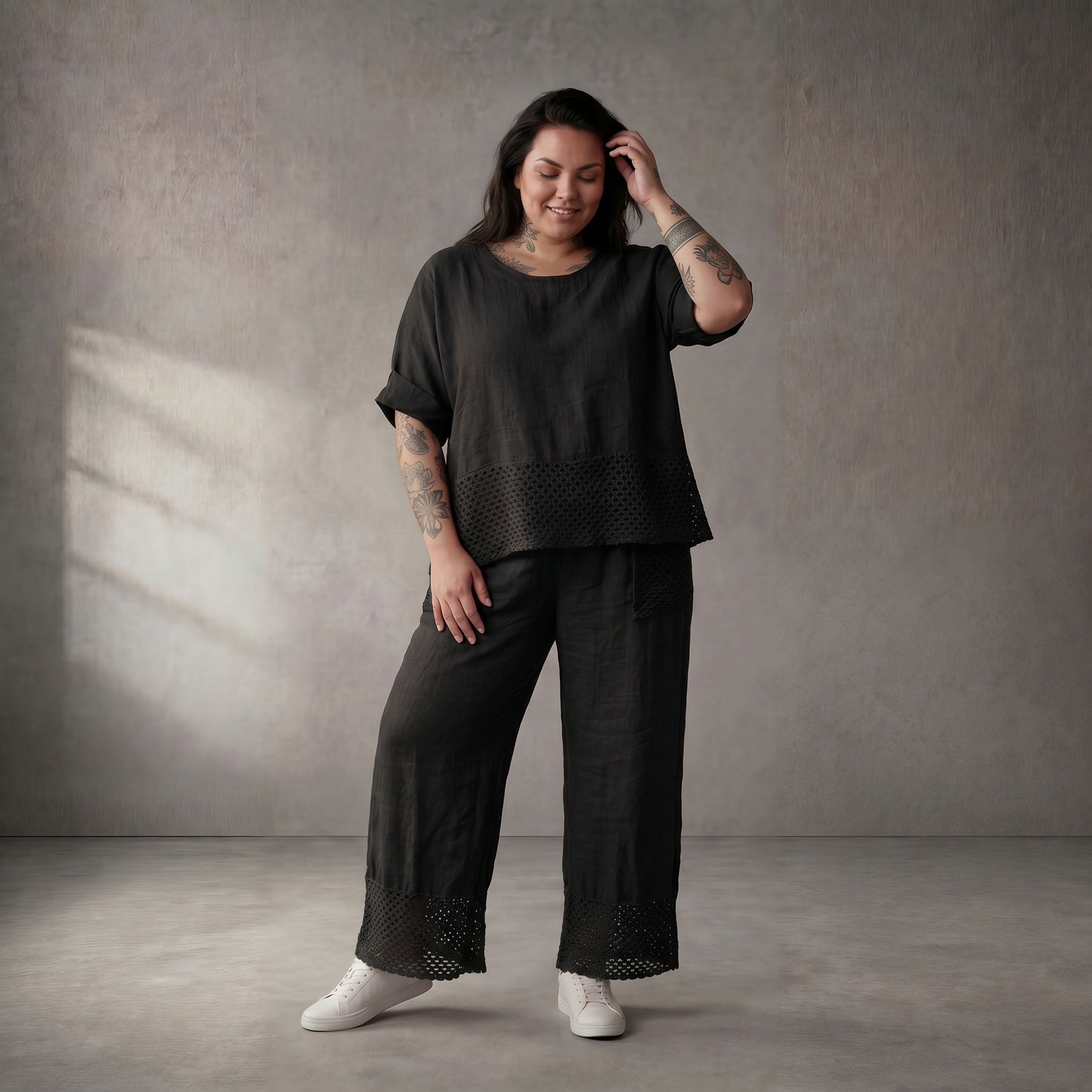 Oversize Leinen Shirt schwarz im Lagenlook mit grossen Taschen leger zeitlos chic luftig