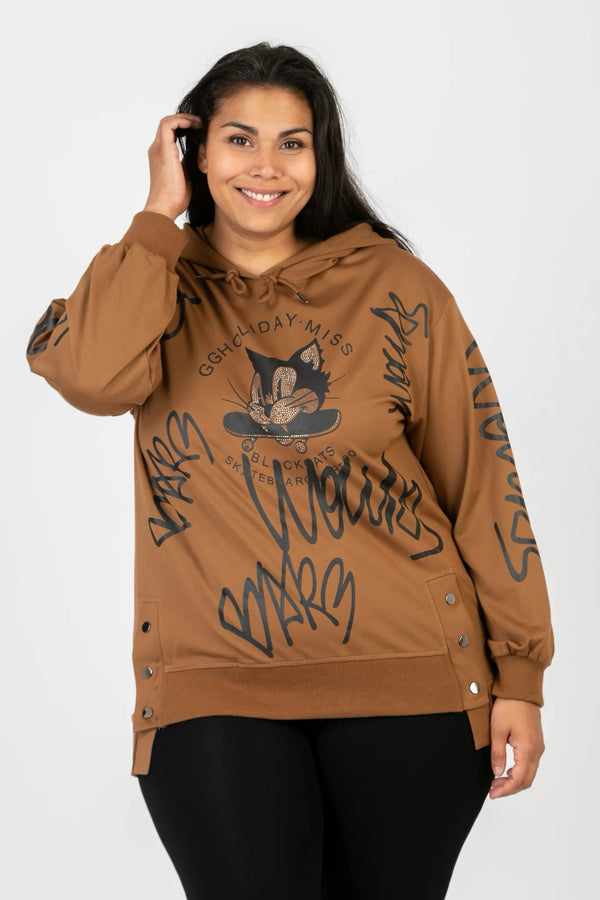  Pomme Rouge Hoody in gerader Form, aus Viskose, C6618, Cognac-Schwarz, Schick, Modern