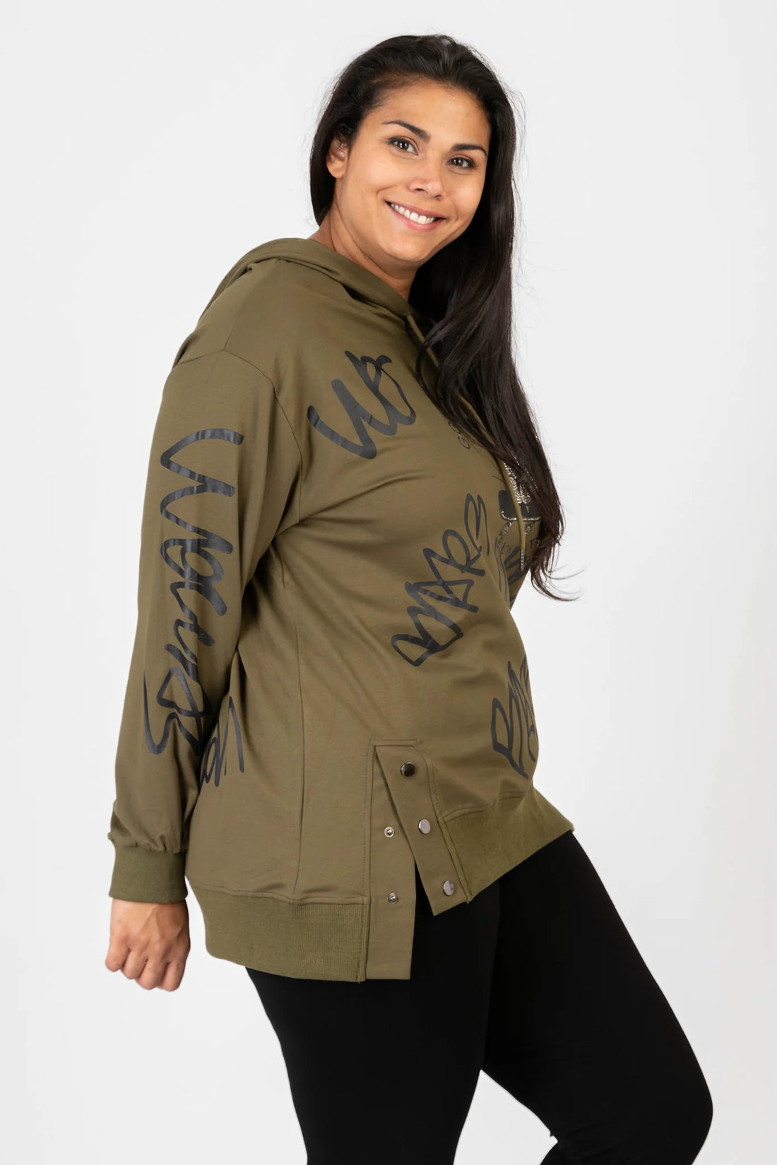  Stylischer Hoody in Olive-Schwarz mit Katzen-Gesicht-Druck und funkelnden Strass-Applikationen