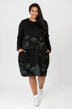  Pomme Rouge Kleid in gerader Form, aus Viskose, C6623, Schwarz-Grün, Blumen, Schick