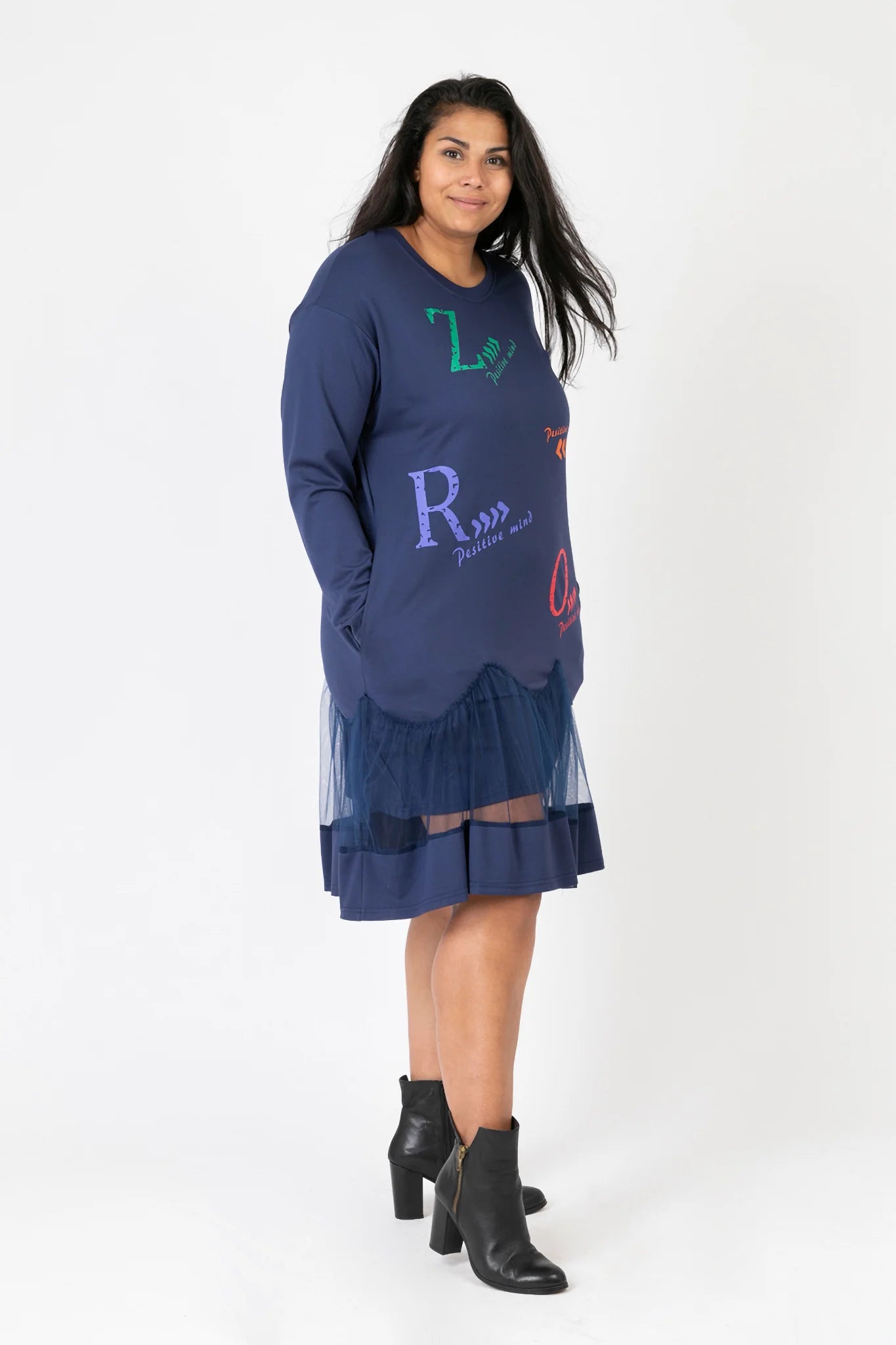  Pomme Rouge Kleid in gerader Form, aus Viskose, C6630, Blau-Multi, Muster, Schick, Modern