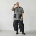 Ausgefallenes Oversize Shirt im Lagenlook aus feiner Baumwolle mit Kapuze, Taschen, Grau/Schwarz