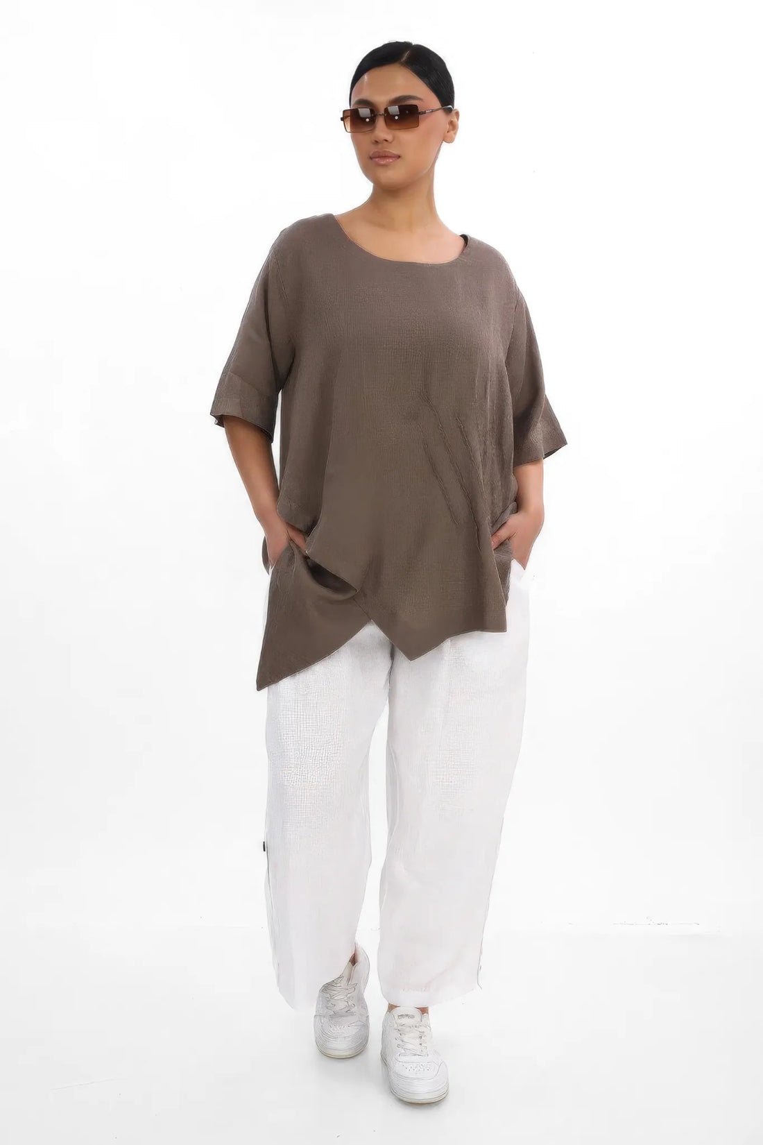  A-Form Shirt von Divas Planet aus Leinen, DP10184, Taupe, Ausgefallen, Zeitlos, Schick