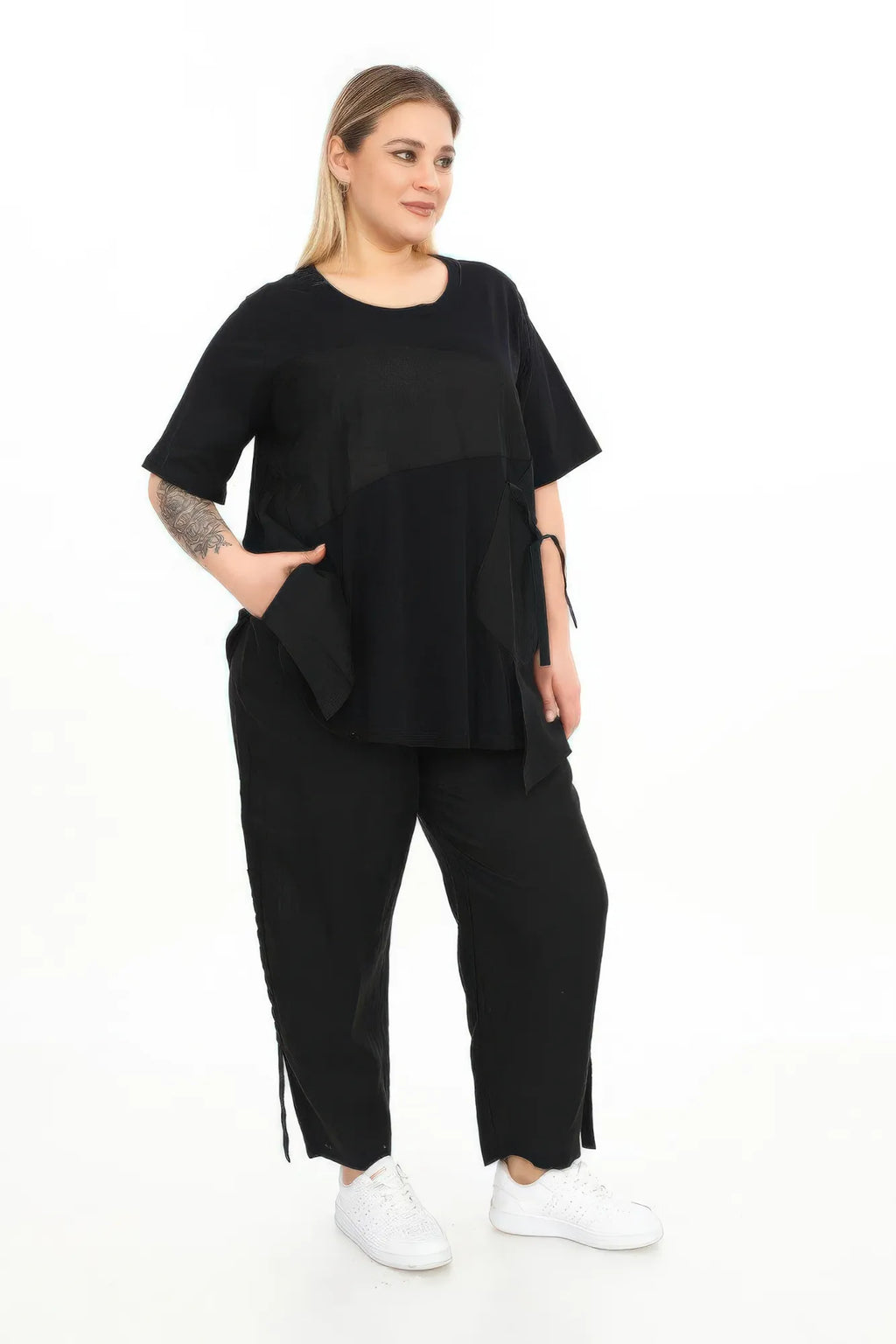  Karotte Hose von Divas Planet aus Leinen, DP4510, Schwarz, Schick, Modern, Bequem, Schick
