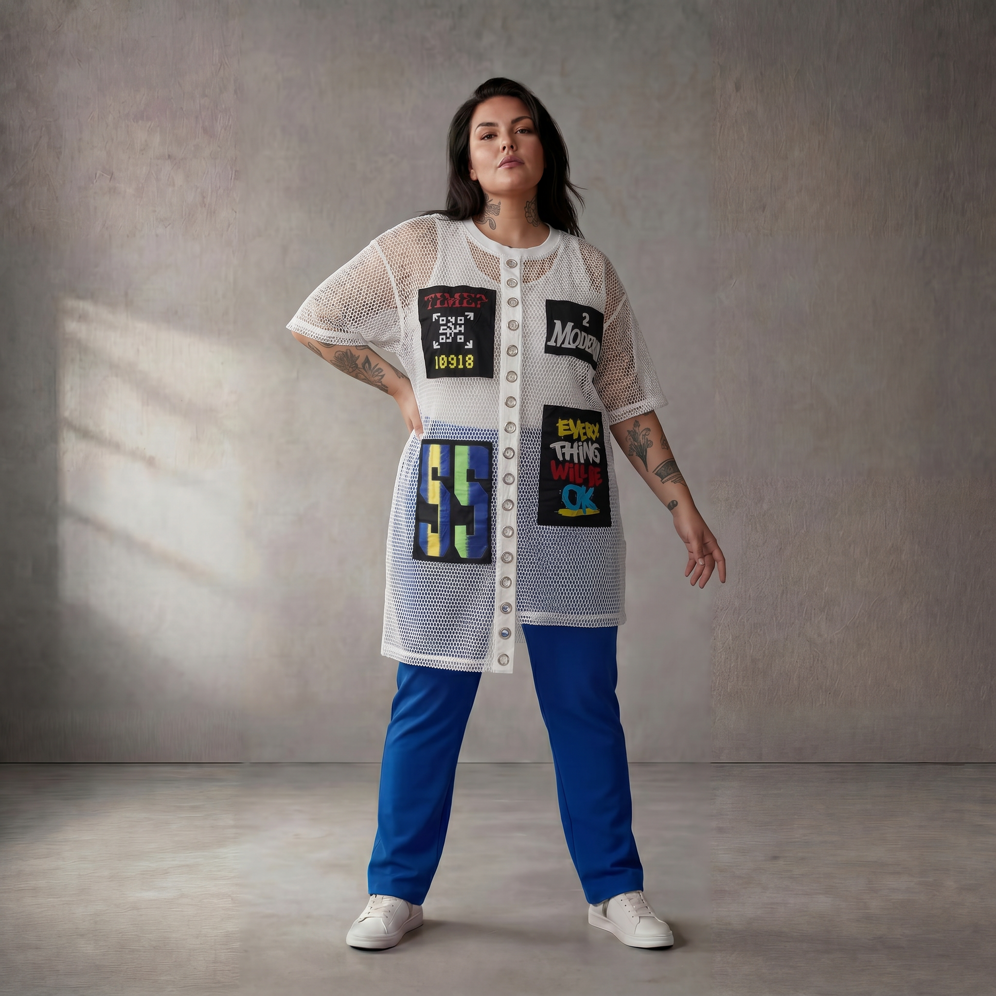 Leichtes weißes Netzshirt im Lagenlook Oversize leger ausgefallen mit Taschen luftig fein