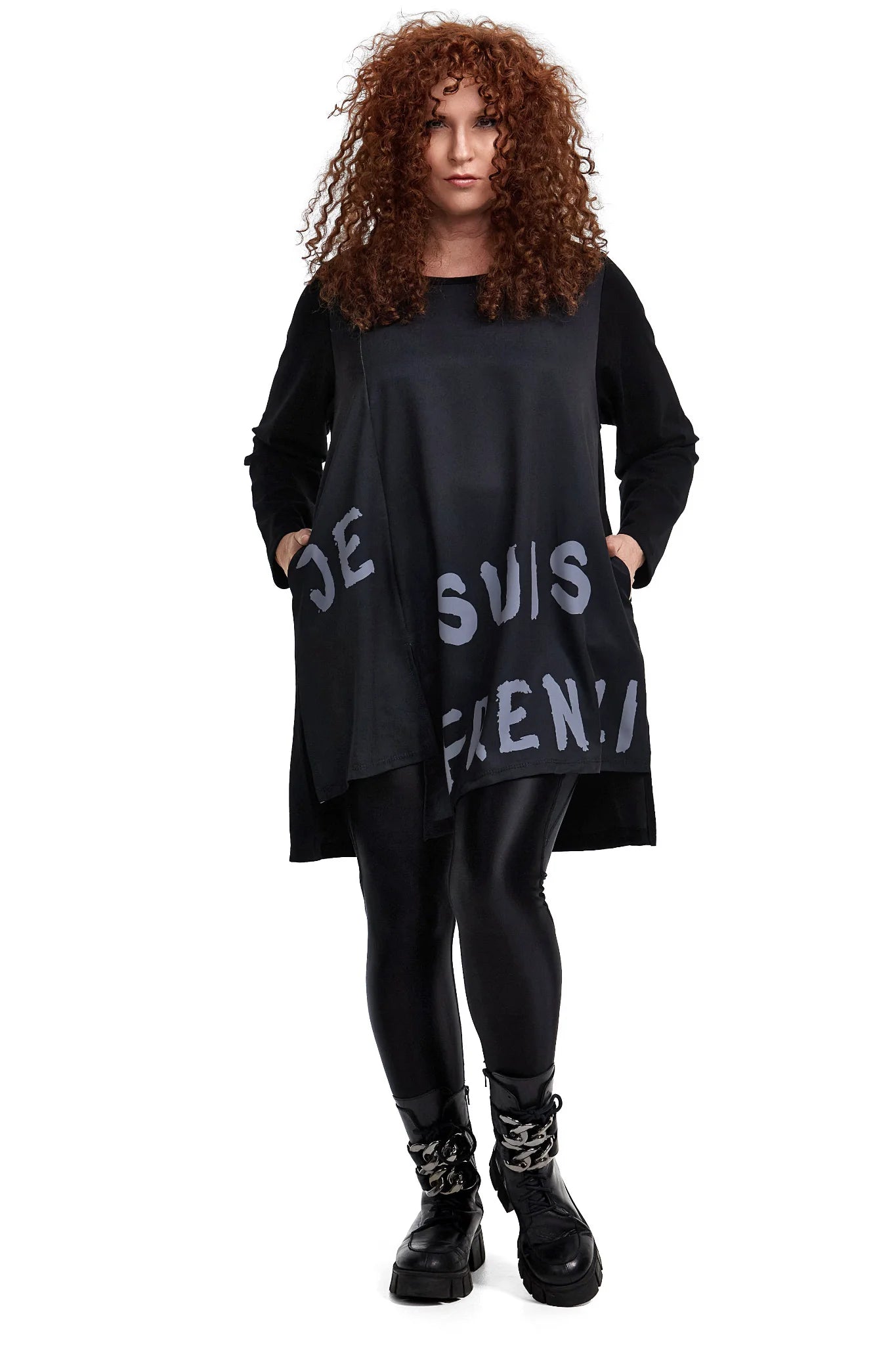  A-Form Shirt mit Typo-Print und Taschen für Plus Size Curvy Mode in hochwertiger Viskose